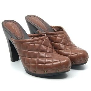 BCBGirls Quilted Leather Heeled Clogs Brown Wooden Platform Studded Mules Women
